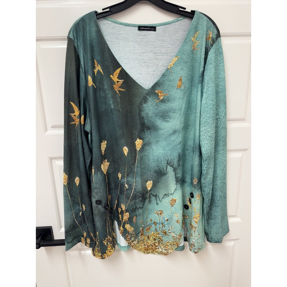 Just Fashion Now Women 2XL Green V-Neck Long Sleeve Bird Print Blouse Pullover